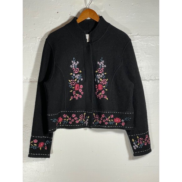 Vintage Silk Club Wool Embroidered Floral Jacket Coat Cardigan Black Boho Large - Picture 2 of 11